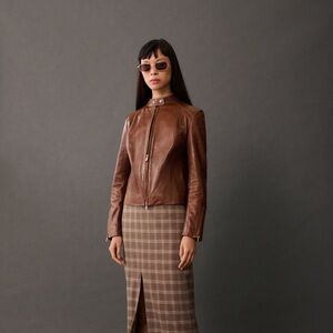 Mango Chestnut Brown Leather Zip-Front Women's Jacket